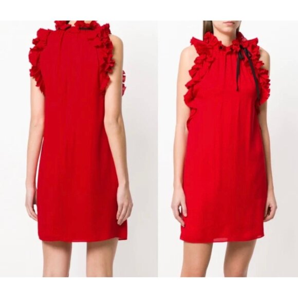 Gucci Red Silk Sleeveless Ruffle Dress Size 44 | Made in Italy | - Picture 2 of 9